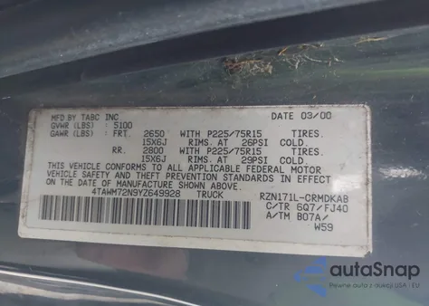 2000 Toyota Tacoma из США, поврежденный, VIN 4TAWM72N9YZ649928